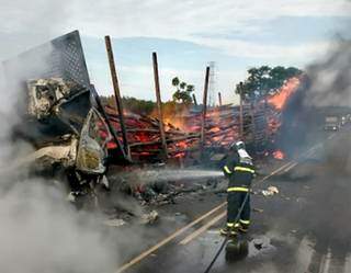 Bombeiros tentam controlar incêndio em carreta (Foto: Corpo de Bombeiros/Divulgação)