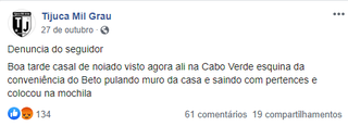 Avisos de seguidores são publicados na página Tijuca Mil Grau. (Foto: Reprodução/Facebook)