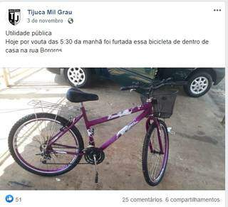 Morador teve bicicleta furtada no Tijuca. (Foto: Reprodução/Facebook)