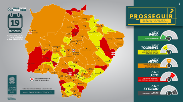 Em MS, 13 munic&iacute;pios elevam grau de risco para covid e 26 melhoram no &quot;mapa&quot;