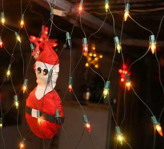 Detalhe das luzinhas e do Papai Noel costurado à mão (Foto: Paulo Francis)