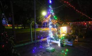 Árvore de Natal &#34;3D&#34; é vazia em seu interior porque é feita com luzes presas aos fios metálicos, dando a impressão de estar &#34;cheia&#34; para quem vê pelo lado de fora da casa (Foto: Paulo Francis)