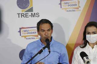 Prefeito Marquinhos Trad (PSD) no primeiro discurso após ser reeleito (Foto: Henrique Kwaminami)