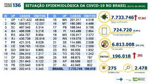 Brasil chega neste domingo a 196 mil mortes e 7,73 mi de casos de covid