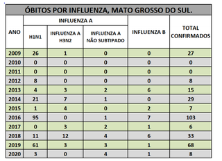 Tabela mostra os números das diferentes variações da gripe influenza em Mato Grosso do Sul (Foto: Reprodução/SES)