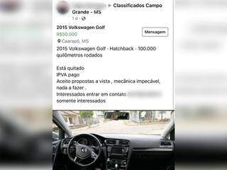 Publicação no Facebook oferecia carro por R$ 50 mil, em Caarapó (Foto: Direto das Ruas)