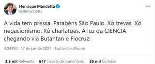 Tuíte de Mandetta, que antecedeu citação por Dória em coletiva. (Foto: Reprodução do Twitter)