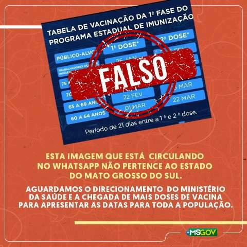 Sa&uacute;de alerta para cronograma falso de vacina&ccedil;&atilde;o no WhatsApp