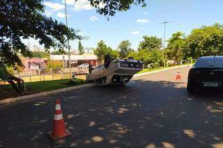 Idoso perde controle e capota carro ap&oacute;s bater em &aacute;rvore