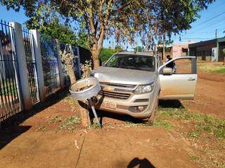 Condutor pulou da caminhonete em movimento e S10 parou em tronco de árvore (Foto: Adilson Domingos)