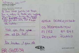 Texto no verso do cartão postal que foi enviado à Polônia por correio (Foto: Arquivo Pessoal)