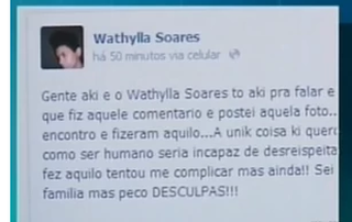 Mensagem, postada por Wathylla, foi divulgada na época pela TV Anhanguera, no município.