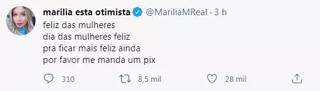 Marília Mendonça entrou na campanha de querer PIX ao invés de flores (Foto: Reprodução/Twitter)