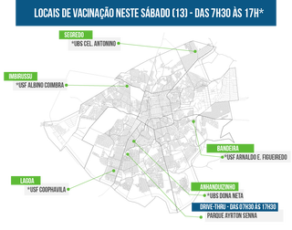 No mapa, o locais onde ocorreram à vacinação em &#39;repescagem&#39; nesse sábado (Arte: Thiago Mendes)