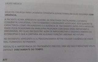 Laudo médico solicita cirurgia para catarata congênita com urgência para Lívia. (Foto: Arquivo pessoal)
