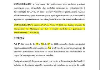 Trecho do rascunho de decreto enviado às prefeituras de MS (Foto/Divulgação)