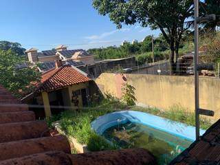 Foto da casa com mato alto e piscina suja no Vilas Boas. (Foto: Direto das Ruas)