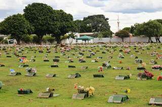Cemitério em Campo Grande, com tenda montada ao fundo para sepultamento de vítima da covid. (Foto: Paulo Francis)