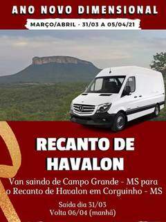 Propaganda que circulou nas redes sociais oferecendo transporte em van para pousada de Urandir. (Foto: Direto das Ruas)
