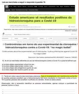 A página onde estão as manchetes sobre cloroquina usadas como enunciado de atividades escolares. (Fotos: Reprodução do &#34;Caderno Base de Atividades)