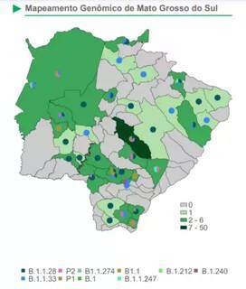 Mapa indica quais municípios têm variantes do coronavírus confirmadas (Foto: Reprodução/SES)