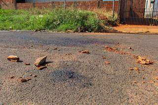 Pedras e sangue ficaram no asfalto após o assassinato. (Foto: Marcos Maluf)