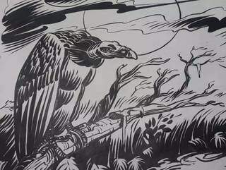 Desenho completo da ave; desenho à mão e em preto e branco contribuem para o &#34;ar&#34; aterrorizante (Ilustração: Acir Alves)
