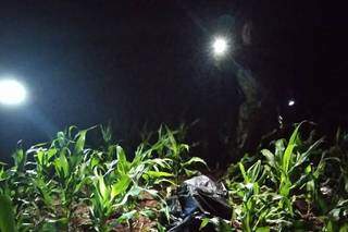 Policial em lavoura de milho onde corpo foi encontrado, ontem à noite (Foto: Infonortepy)