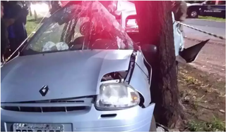 Clio conduzido por professora foi parar em uma árvore depois da colisão. (Foto: Direto das Ruas) 