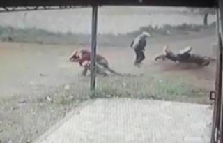 Imagens mostram ladr&otilde;es derrubando v&iacute;tima para levar moto