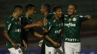 Jogadores comemorando a vitória em campo. (Foto: PalmeirasFC) 