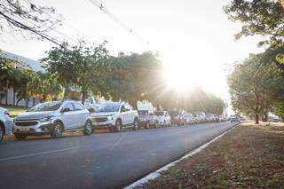Antes da 7h, fila na Avenida Mato Grosso já tinha mais de 50 carros (Foto: Henrique Kawaminami)