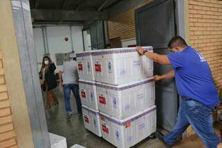 Remessa com 50,5 mil doses de Astrazeneca que desembarcou na tarde de ontem em Campo Grande (Foto: Paulo Francis)