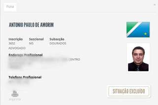 Tela de consulta do cadastro nacional de advogados mostra a exclusão de Antônio Paulo. (Foto: Reprodução do site da OAB)