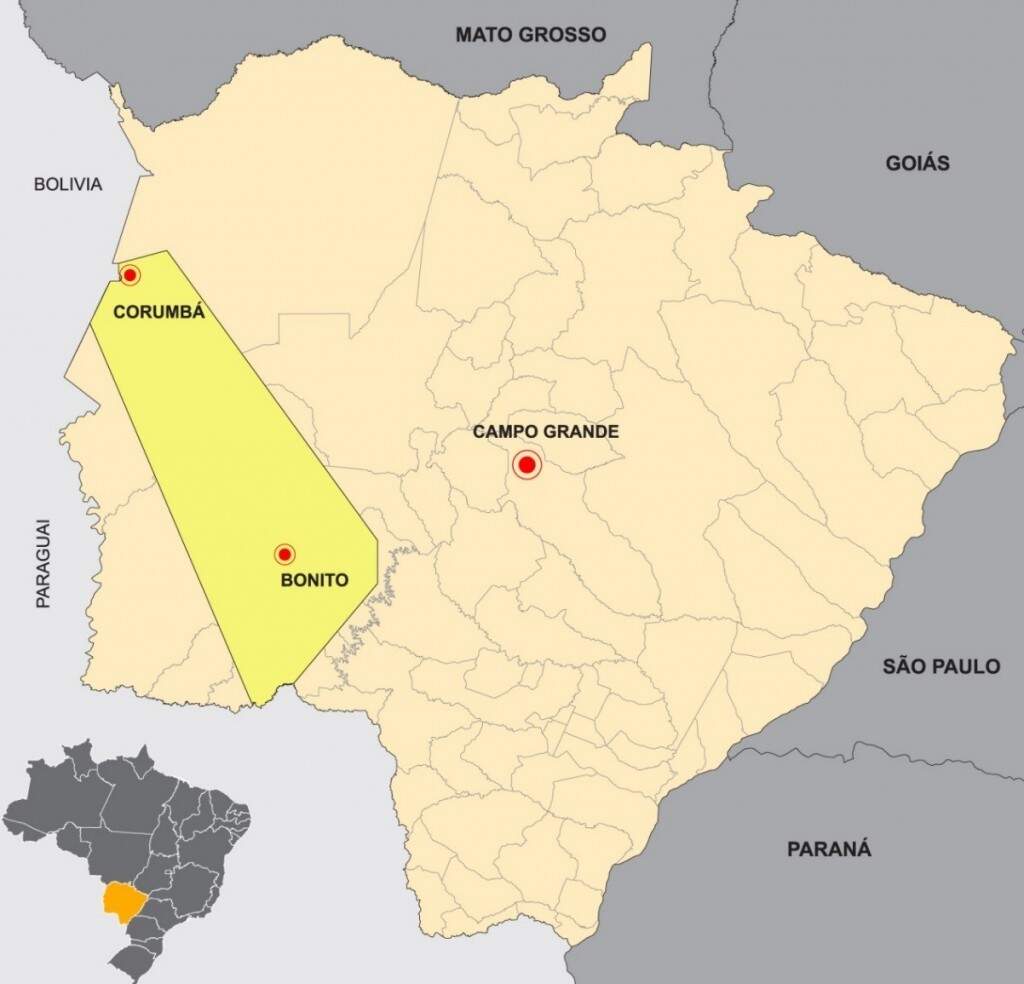 Geopark Bodoquena-Pantanal está localizado na parte amarela do mapa (Foto: Governo do Estado MS)