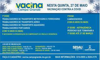Cronograma de vacinação contra a covid-19 desta quinta-feira em Campo Grande (Foto: Reprodução/Sesau)