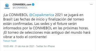Comunicado da Conmebol anunciando competição no Brasil (Foto: Reprodução/Twitter)