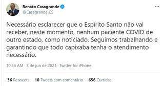 Anuncio feito pelo governador do Espírito Santo, Renato Casagrande (PSB) (Foto: Reprodução)