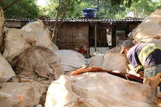 Trabalhador realizando separação de lixo reciclável em &#34;bags&#34; deixadas por catadores. (Foto: Kísie Ainoã)
