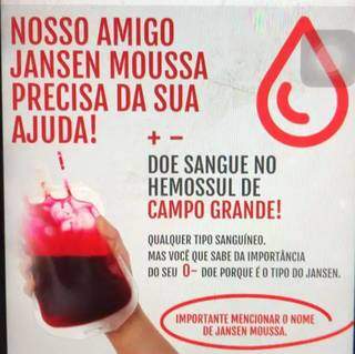 Pedido por doação de sangue para Jansen Moussa em redes sociais. (Foto: Reprodução)