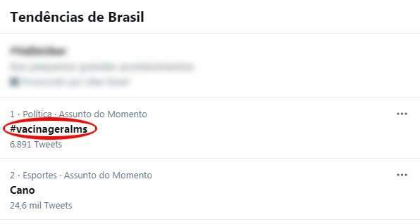 #VacinaGeralMS &eacute; assunto mais citado no  Twitter