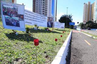 Canteiro próximo de pontilhão ganhou flores e cartazes de homenagem ao engenheiro José Francisco de Lima. (Foto: Kísie Ainoã)