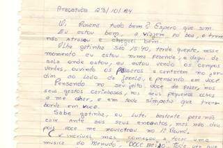 Trecho da primeira carta enviada por Tião, em outubro de 1984, mês em que os dois se conheceram. (Foto: Arquivo Pessoal)
