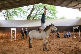 Cavalo fica paradado enquanto Paulo faz acobracias em cima do animal, sem o incomodar. (Foto: Paulo Francis)