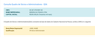 Consulta ao CNPJ mostra que Jamil Name é sócio administrador da Mineração Franca. (Foto: Reprodução)