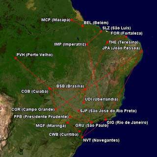 Mapa mostra todas as rotas e cidades atendidas pela Ita Linhas Aéreas (Arte: Great Circle Mapper)