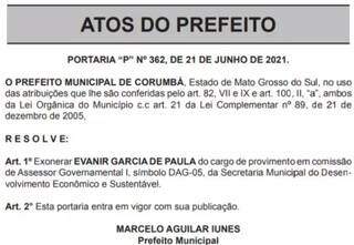 Demissão de militar em cargo na Prefeitura de Corumbá foi publicada no Diário Oficial (Foto: Reprodução)