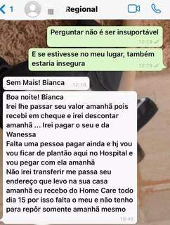 Conversa no whatsapp entre a técnica de enfermagem e a suspeita de aplicar o golpe (Foto: Reprodução)
