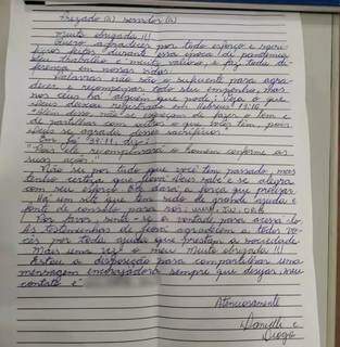 Carta escrita por um casal em agradecimento aos servidores da Sesau. (Foto: Divulgação)