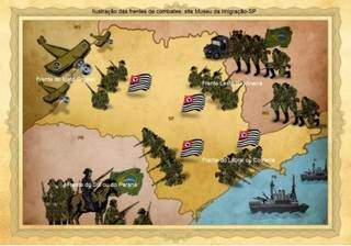 Ilustração de Mapa da época com frentes de batalha da revolução. (Foto: Reprodução Instituto Histórico e Geográfico de MS)